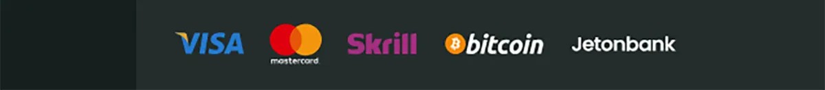 Supported payment methods including Visa, Mastercard, Skrill, Bitcoin, and Jetonbank displayed in a horizontal row on a dark background.