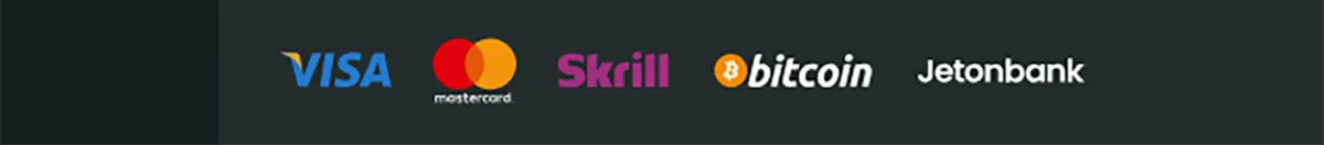 Supported payment methods including Visa, Mastercard, Skrill, Bitcoin, and Jetonbank displayed in a horizontal row on a dark background.