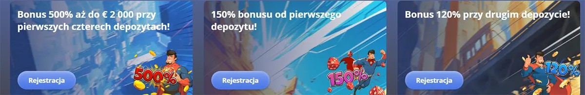 Three casino bonus promotion tiles showing a 500% bonus up to €2,000 on the first four deposits, a 150% bonus on the first deposit, and a 120% bonus on the second deposit, each featuring illustrated characters, percentage graphics, and a registration button.