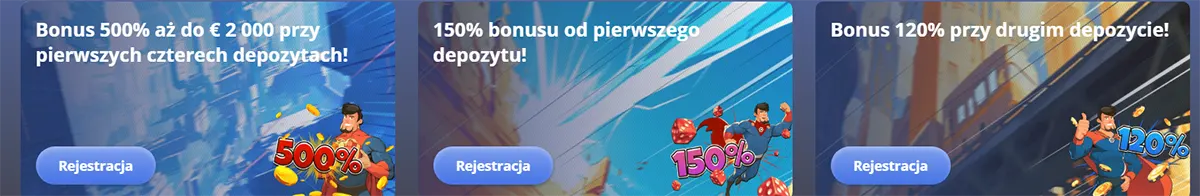 Three casino bonus promotion tiles showing a 500% bonus up to €2,000 on the first four deposits, a 150% bonus on the first deposit, and a 120% bonus on the second deposit, each featuring illustrated characters, percentage graphics, and a registration button.