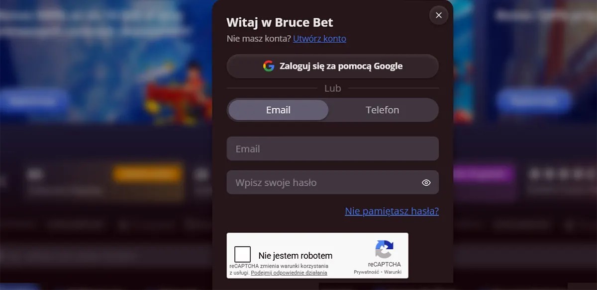 Bruce Bet login popup with Google sign-in option, email and password fields, forgot password link, and reCAPTCHA verification over a blurred casino background.