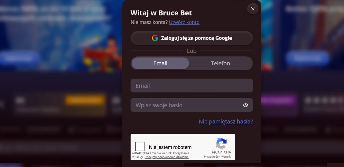 Bruce Bet login popup with Google sign-in option, email and password fields, forgot password link, and reCAPTCHA verification over a blurred casino background.